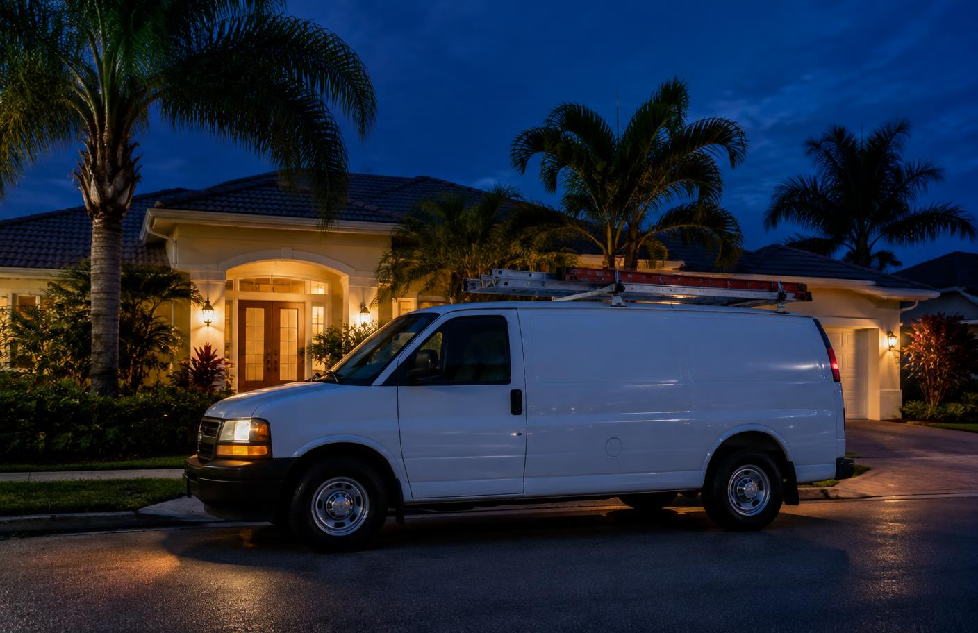 Service van at a Florida home at night
